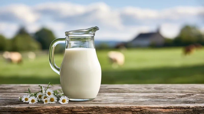 Glass milk jug filled with fresh milk on wooden table in front of green pasture with cows and daisies