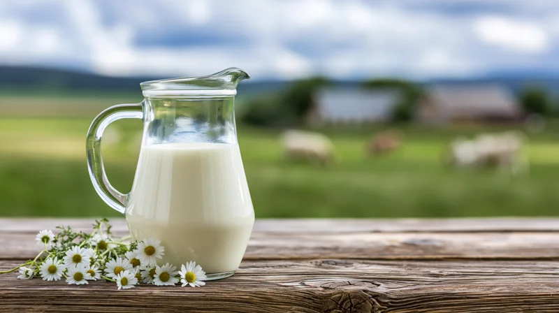 Glass milk jug filled with fresh milk on wooden table with daisies, rural field and cows in background