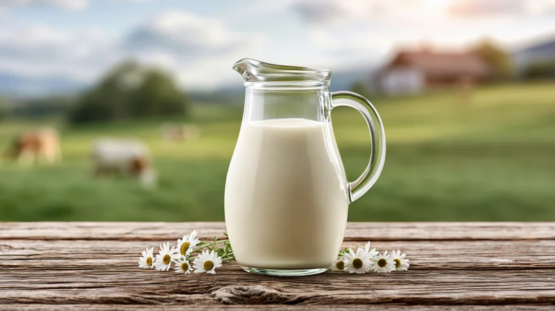 Glass milk jug filled with fresh milk on wooden table in front of green pasture with cows and daisies