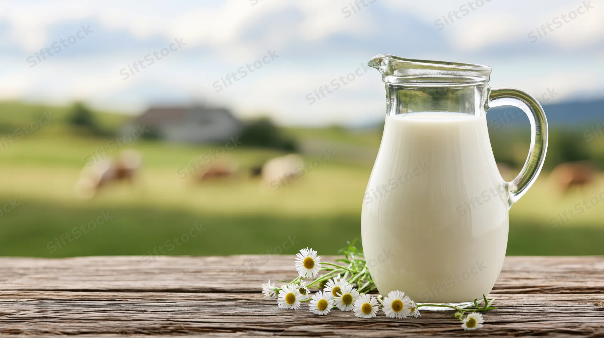Glass milk jug filled with fresh milk on wooden table with daisies, countryside in background