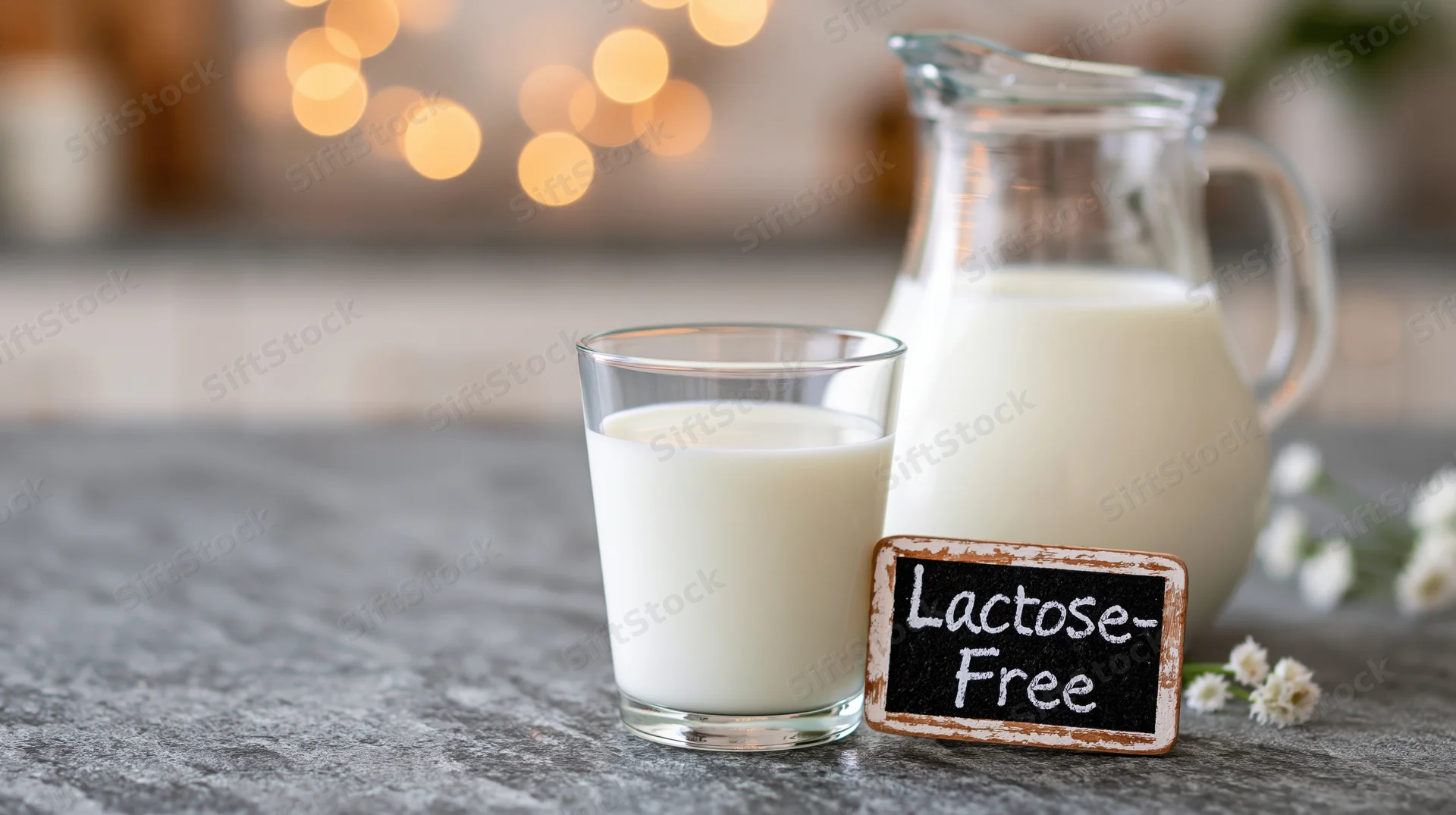 Glass of lactose-free milk and a pitcher on a kitchen countertop with a chalkboard sign and small white flowers