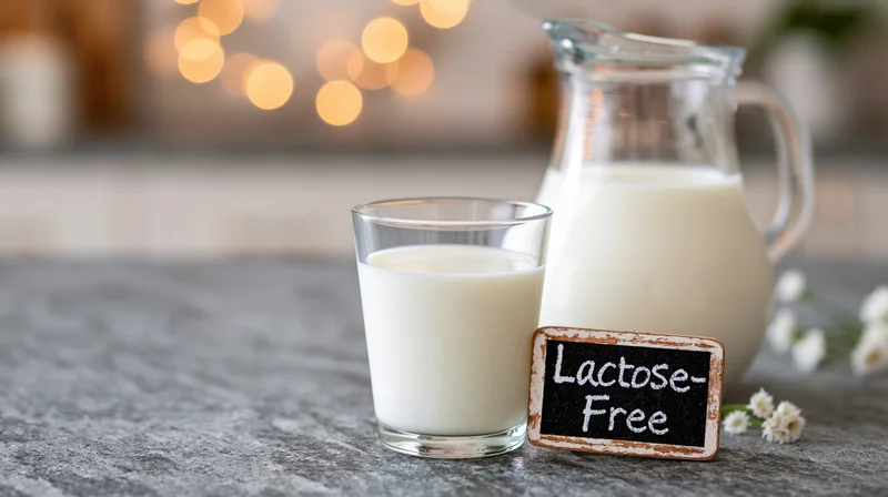 Glass of lactose-free milk and a pitcher on a kitchen countertop with a chalkboard sign and small white flowers