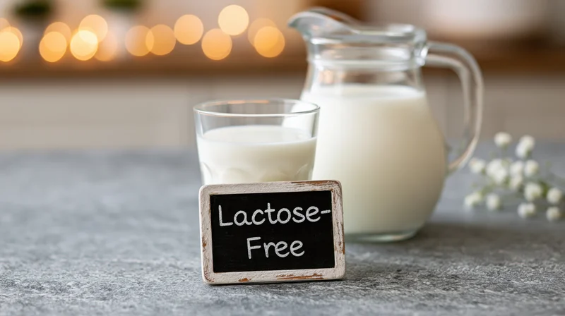Glass of milk and pitcher on countertop with lactose-free sign