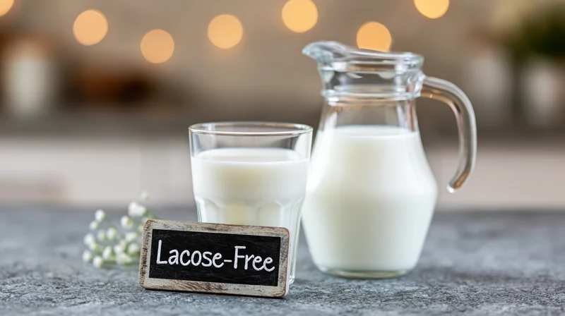 Glass of milk and pitcher on countertop with lactose-free sign