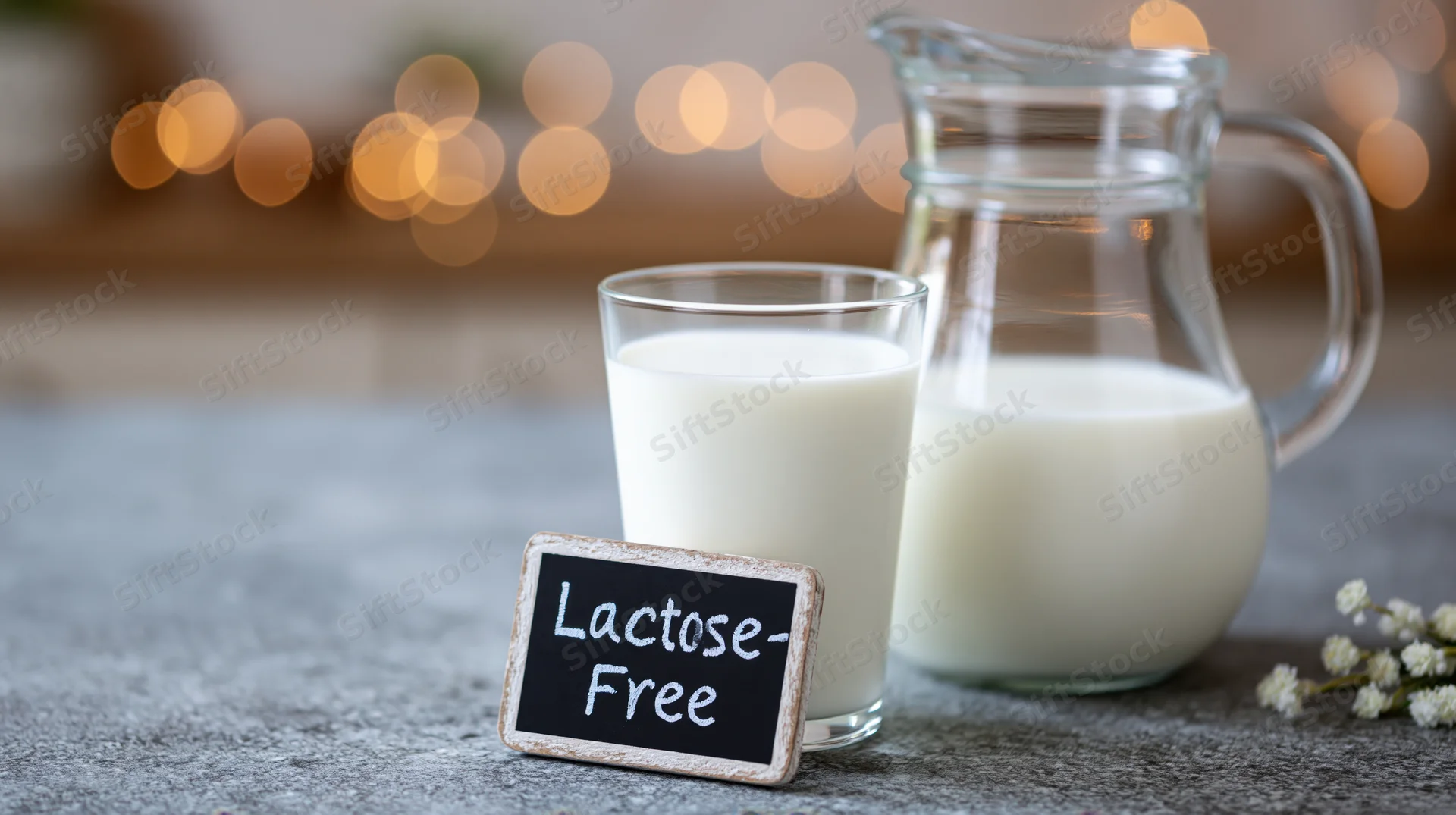 Glass of lactose-free milk and pitcher on countertop with sign and flowers