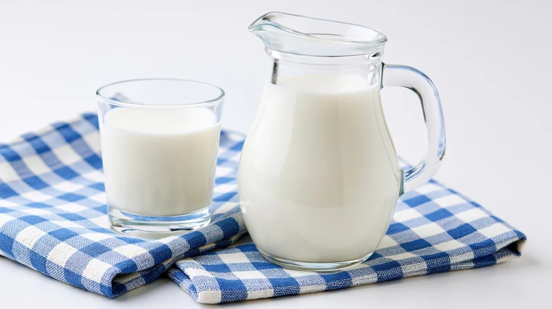 Glass pitcher and tumbler filled with milk on a blue checkered cloth