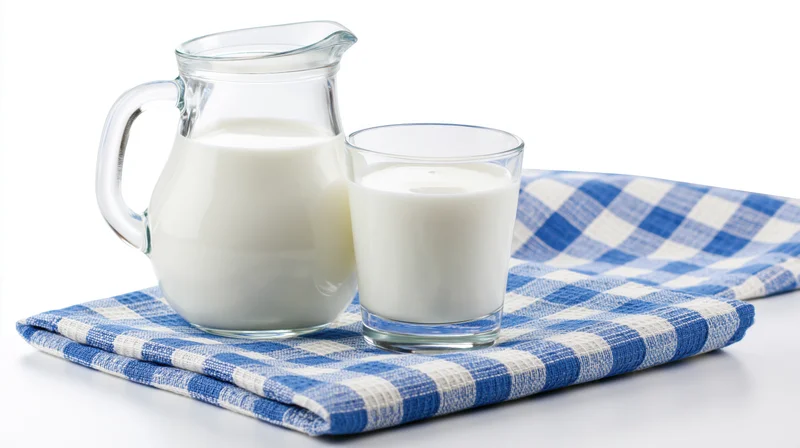 Glass pitcher and tumbler filled with milk on a blue and white checkered cloth