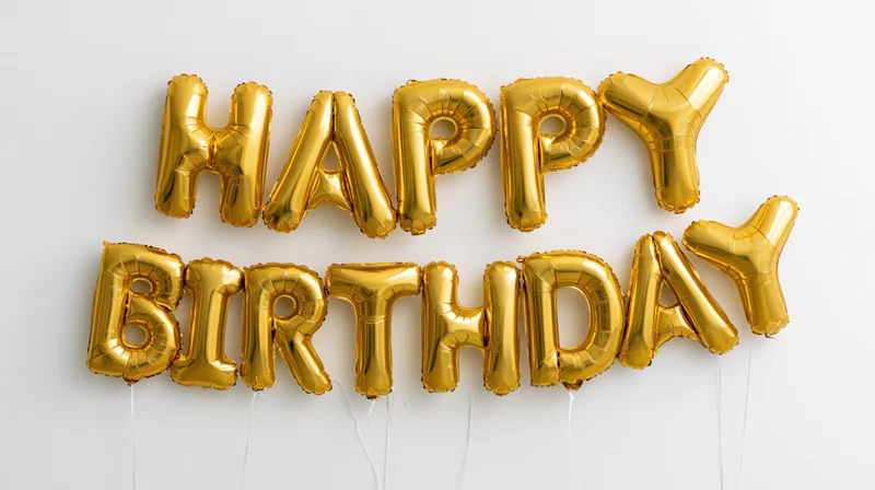 Gold foil letter balloons spelling happy birthday in two rows against white background