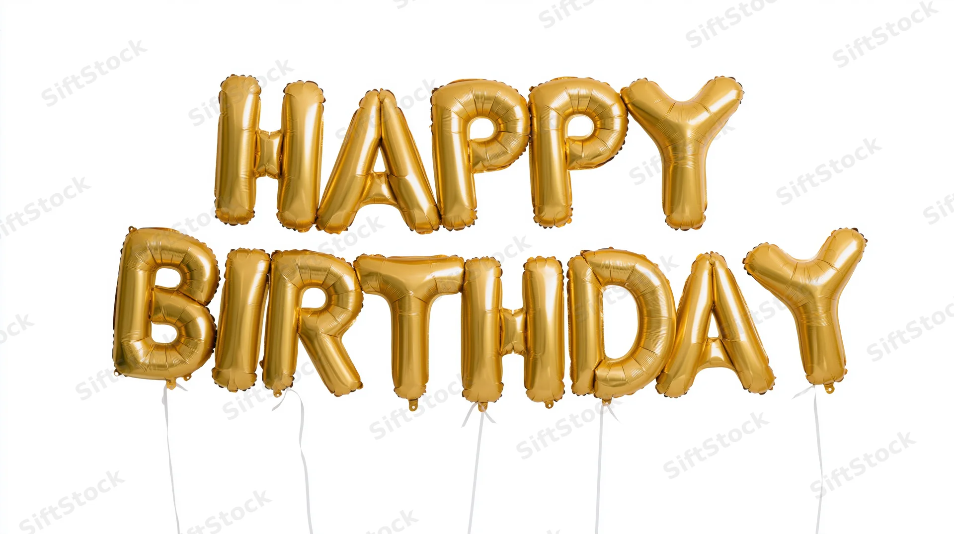 Gold foil letter balloons spelling happy birthday in two rows against white background