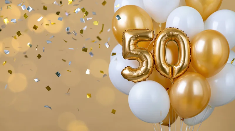 Gold foil number 50 balloon cluster with white and gold latex balloons and falling confetti against a warm bokeh background
