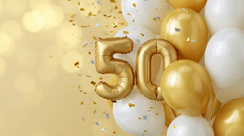 Gold foil number 50 balloons with white and gold latex balloons and confetti floating against a soft golden background with copyspace