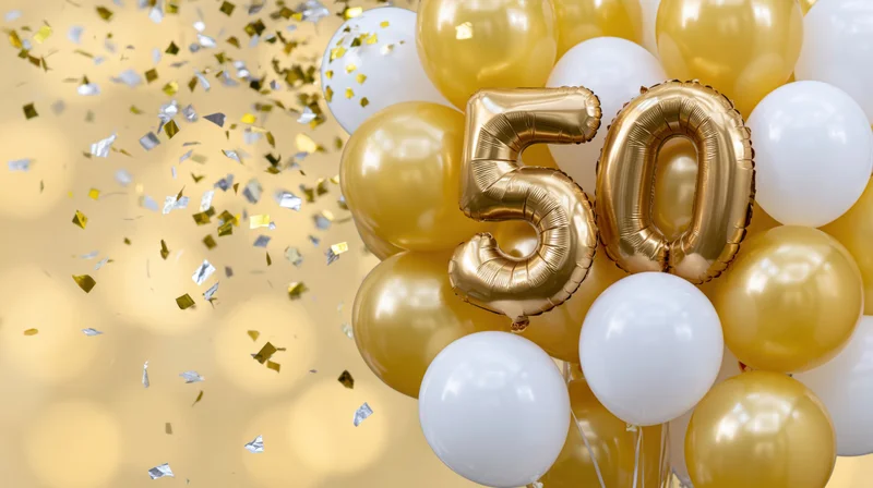 Gold foil 50 balloon cluster in white and gold latex