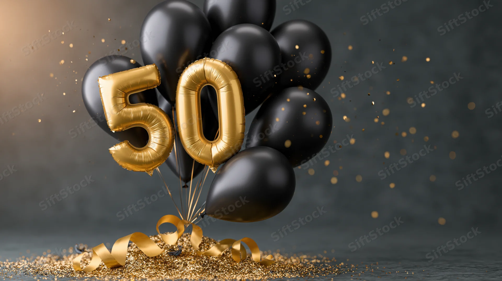 Gold foil number 50 balloons tied with black balloons and ribbons on a glittery surface with confetti