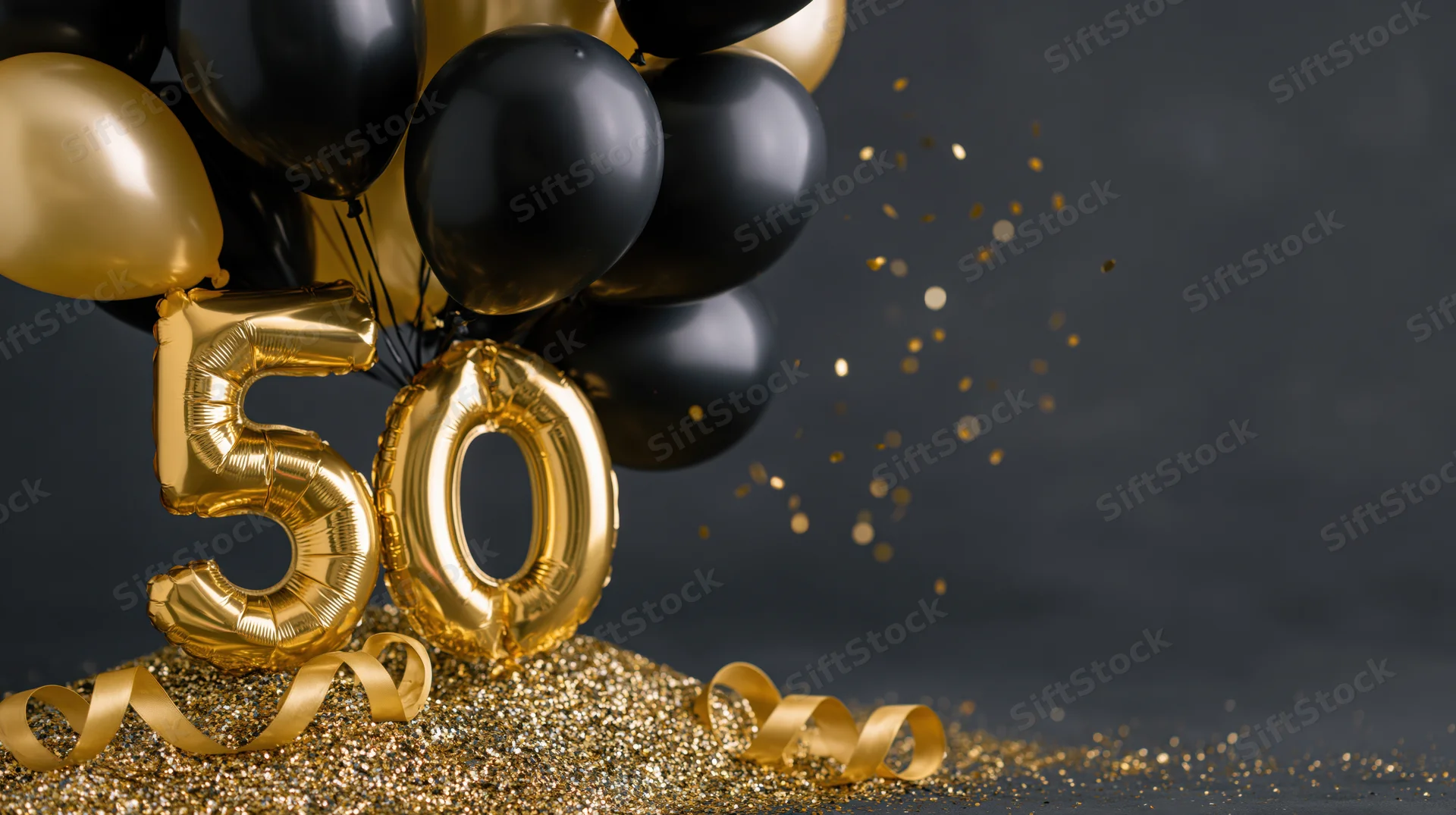 Gold foil number 50 balloon letters tied with black string