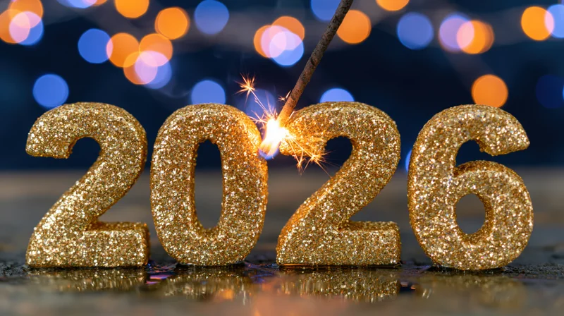 Gold glitter numbers 2026 with sparkler lit on dark reflective surface against bokeh lights