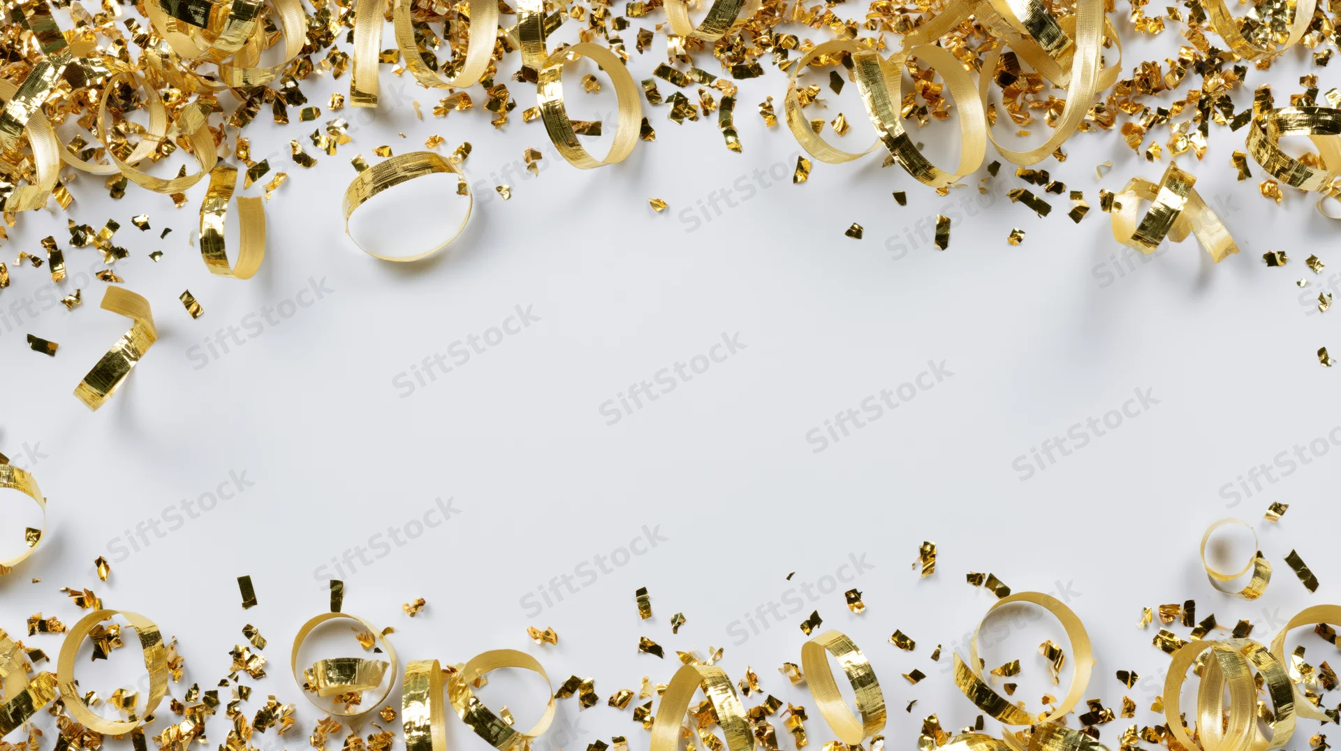 Gold metallic confetti and curled ribbon strips scattered across white surface with copyspace