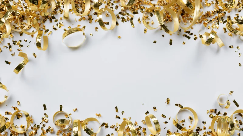 Gold metallic confetti and curled ribbon strips scattered across white surface with copyspace