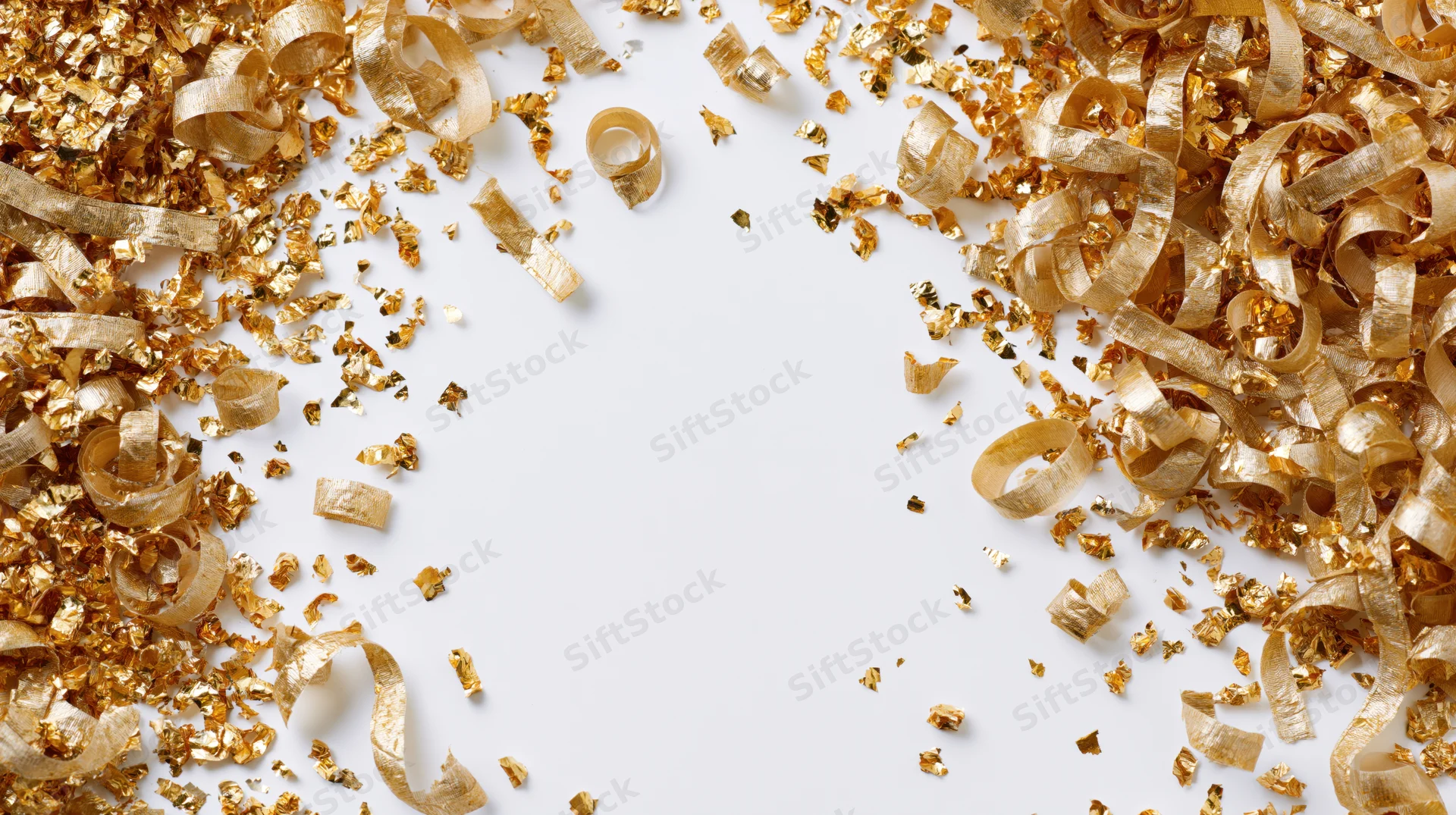 Gold metallic confetti and curled ribbon strips scattered on white surface with copyspace