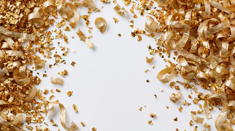 Gold metallic confetti and curled ribbon strips scattered on white surface with copyspace