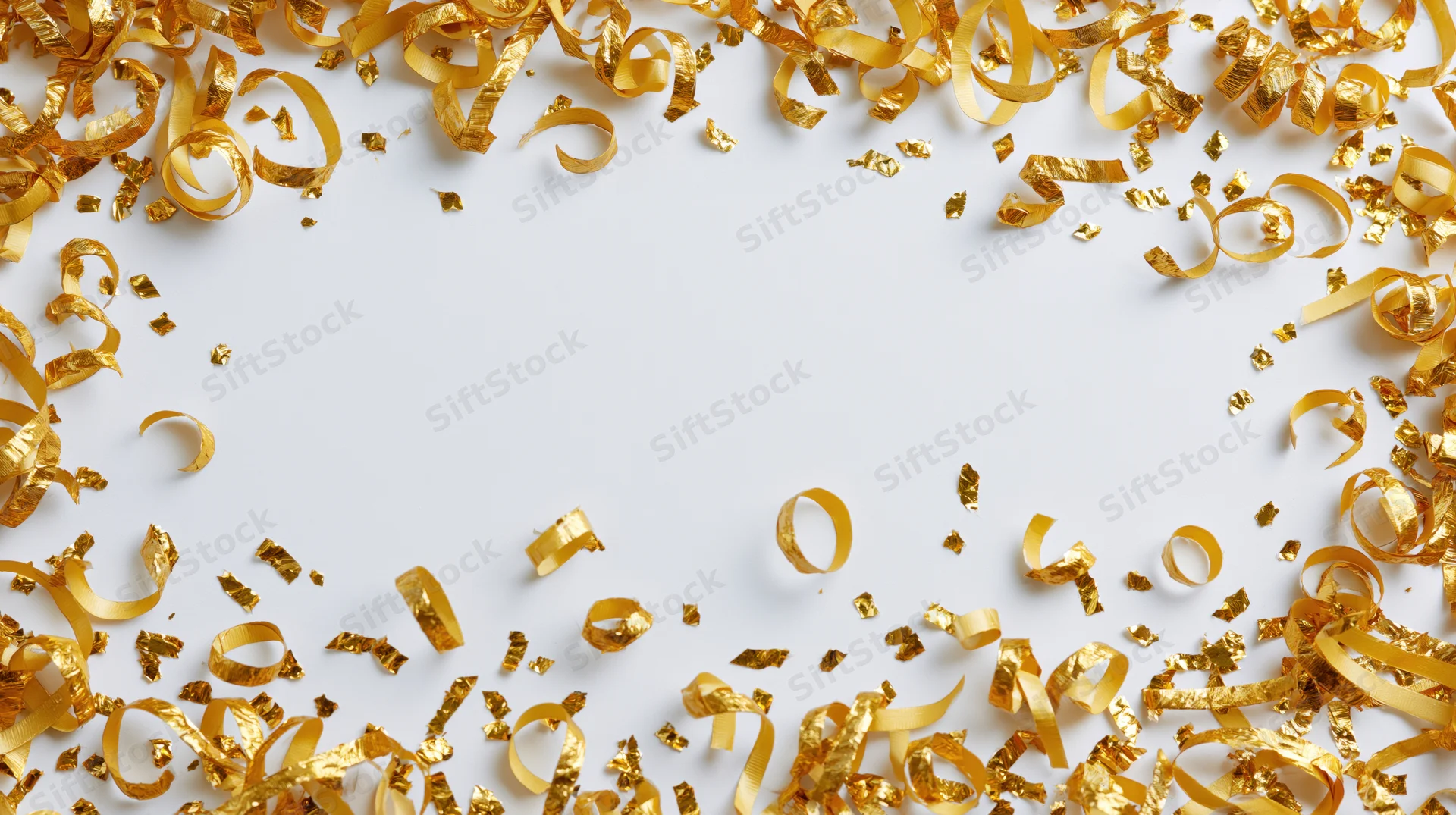 Gold metallic confetti and curled ribbon strips scattered around white surface with copyspace in center