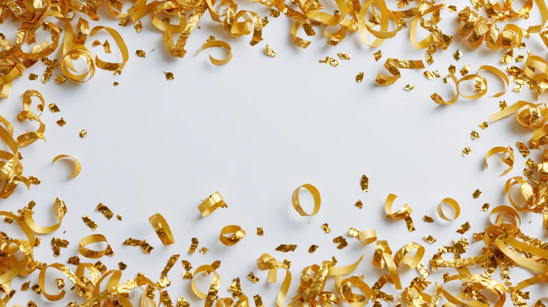 Gold metallic confetti and curled ribbon strips scattered around white surface with copyspace in center