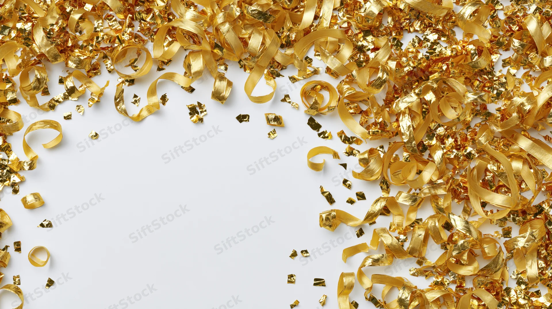 Gold metallic confetti and curled ribbon strips scattered across white surface with copyspace