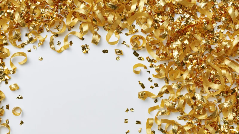 Gold metallic confetti and curled ribbon strips scattered across white surface with copyspace