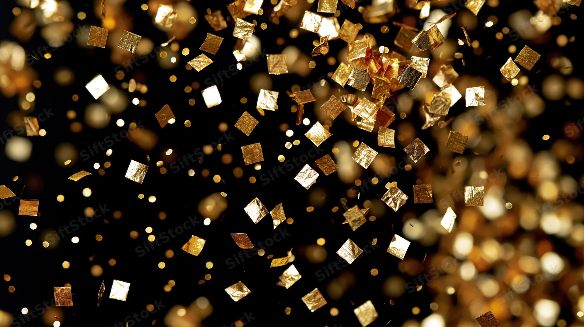 Gold metallic confetti pieces floating against a dark background with bokeh lights