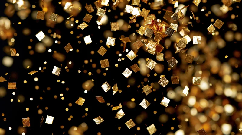 Gold metallic confetti pieces and bokeh dots floating