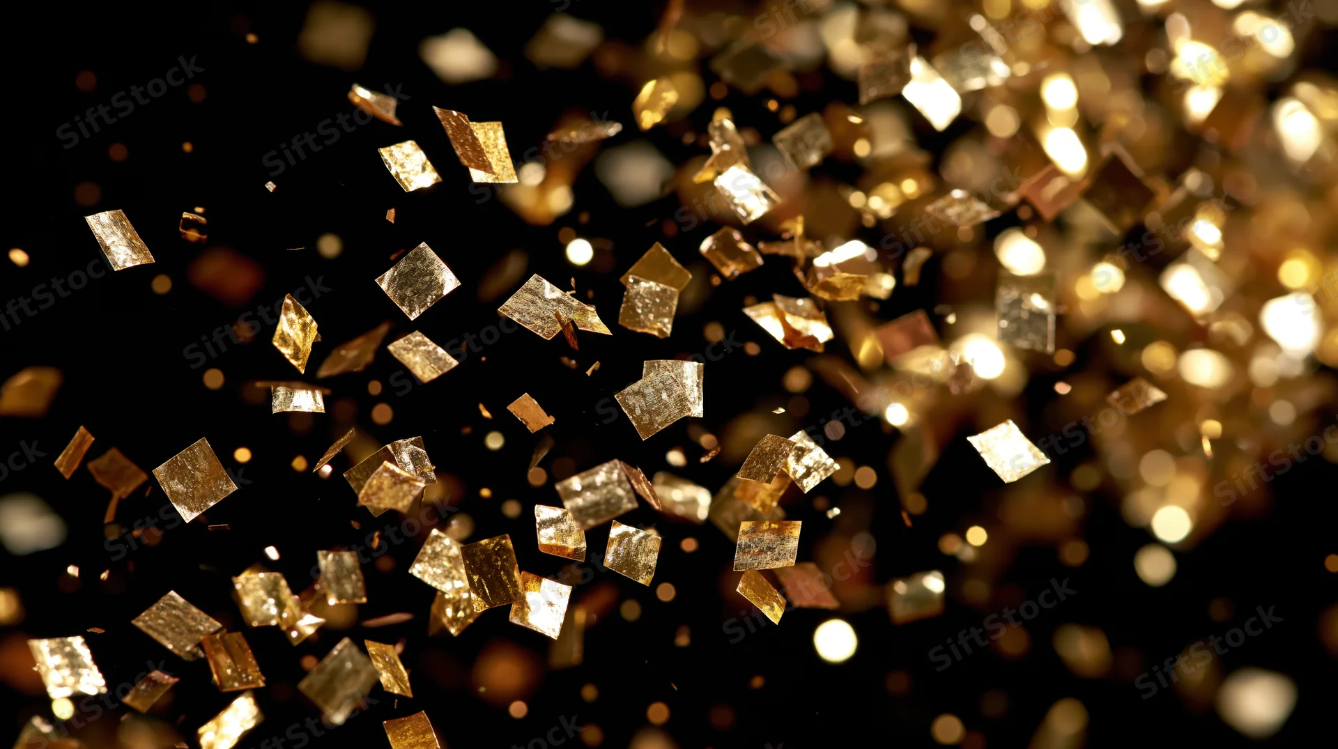 Gold metallic confetti pieces floating against a dark background with bokeh lights