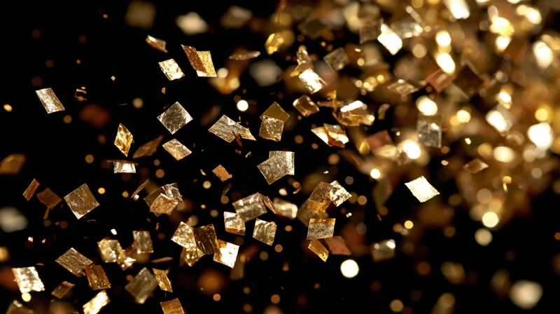 Gold metallic confetti pieces floating against a dark background with bokeh lights