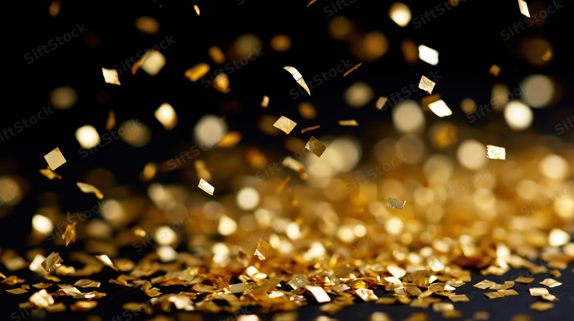 Gold confetti pieces and circular bokeh dots floating