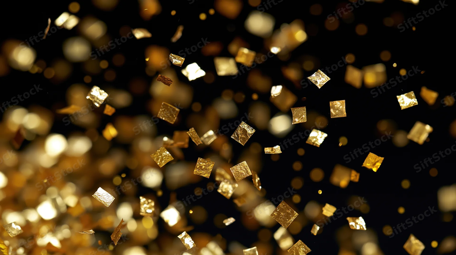 Gold metallic confetti pieces floating against a dark background with bokeh light effects