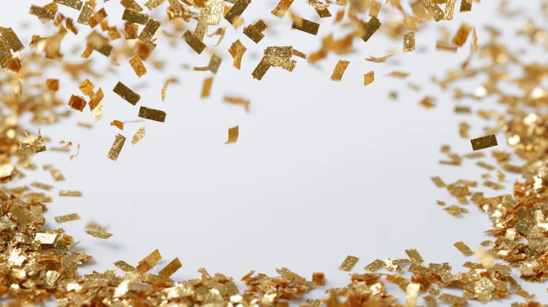 Gold metallic confetti falling and scattered across a white surface with copyspace in center
