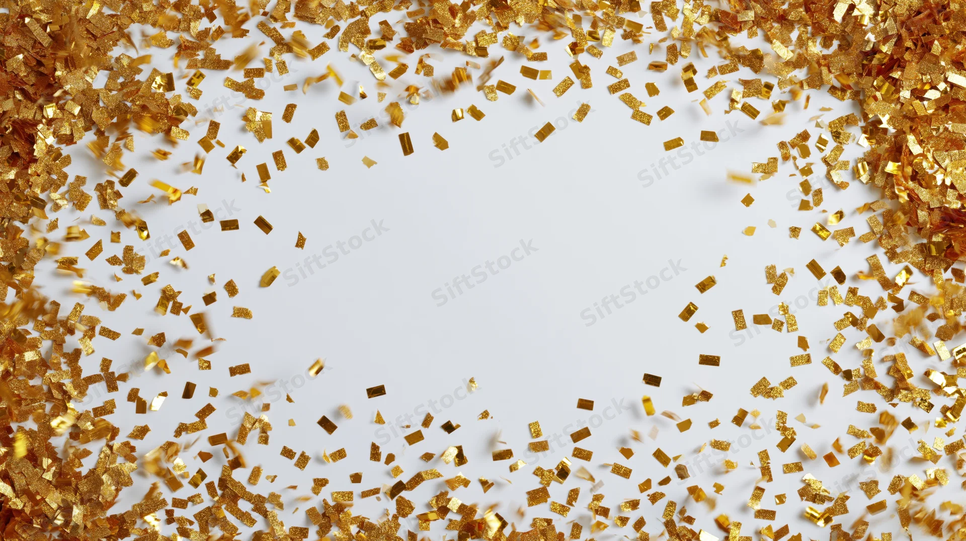 Gold metallic confetti scattered across a white surface with copyspace in center