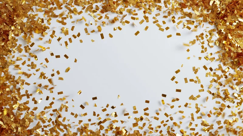 Gold metallic confetti scattered across a white surface with copyspace in center