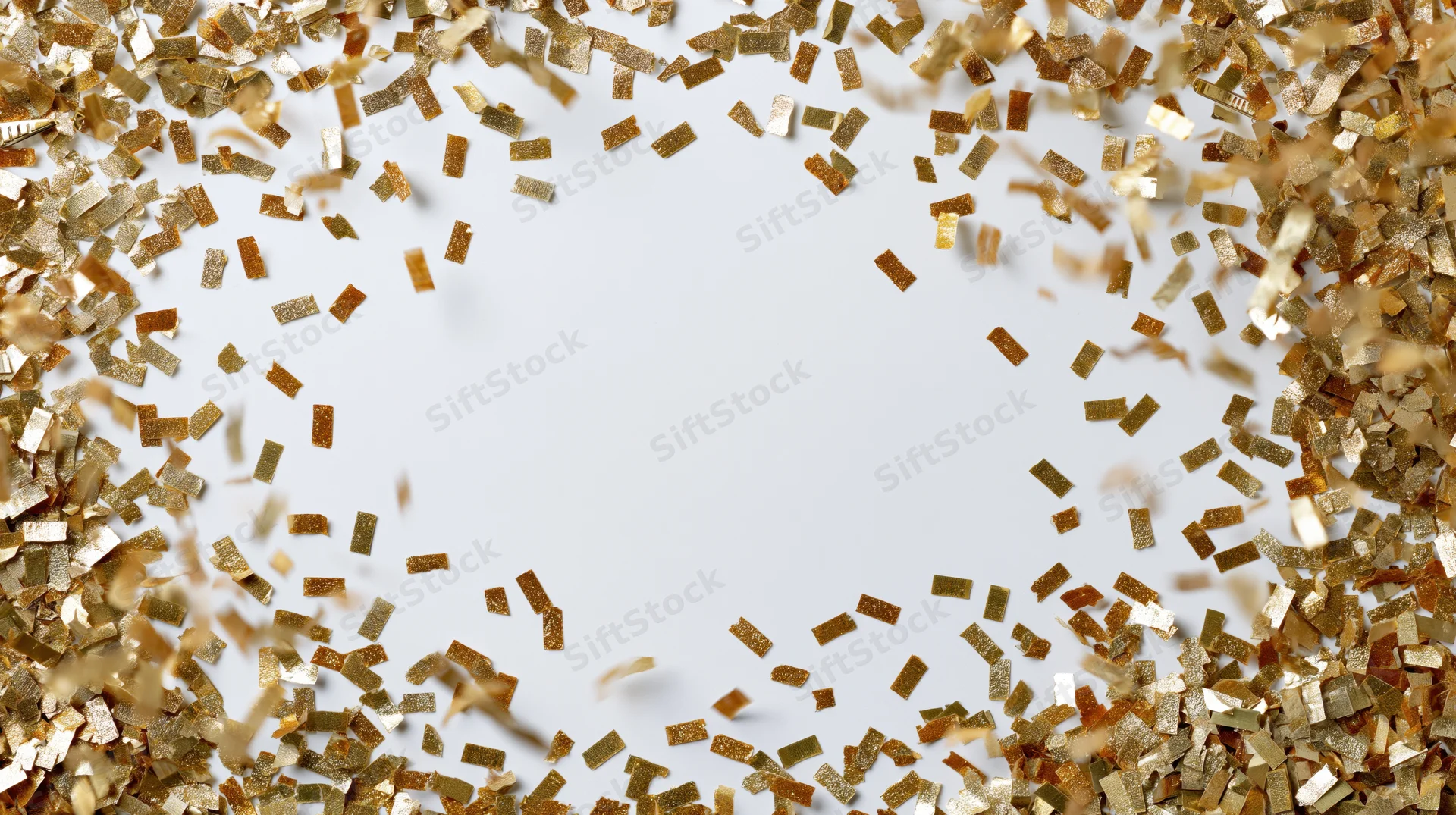Gold metallic confetti scattered across a white surface with copyspace in center