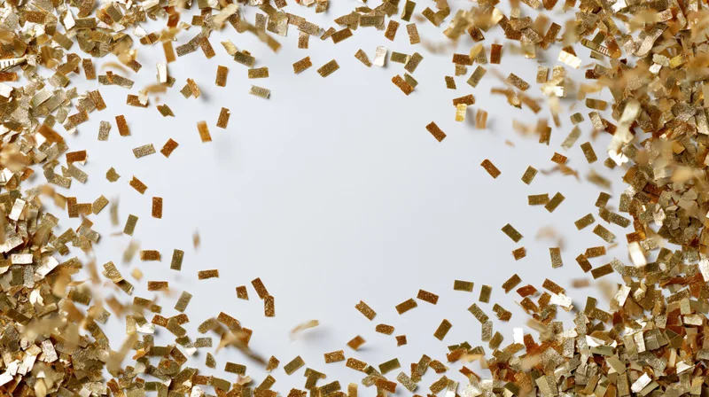 Gold metallic confetti scattered across a white surface with copyspace in center