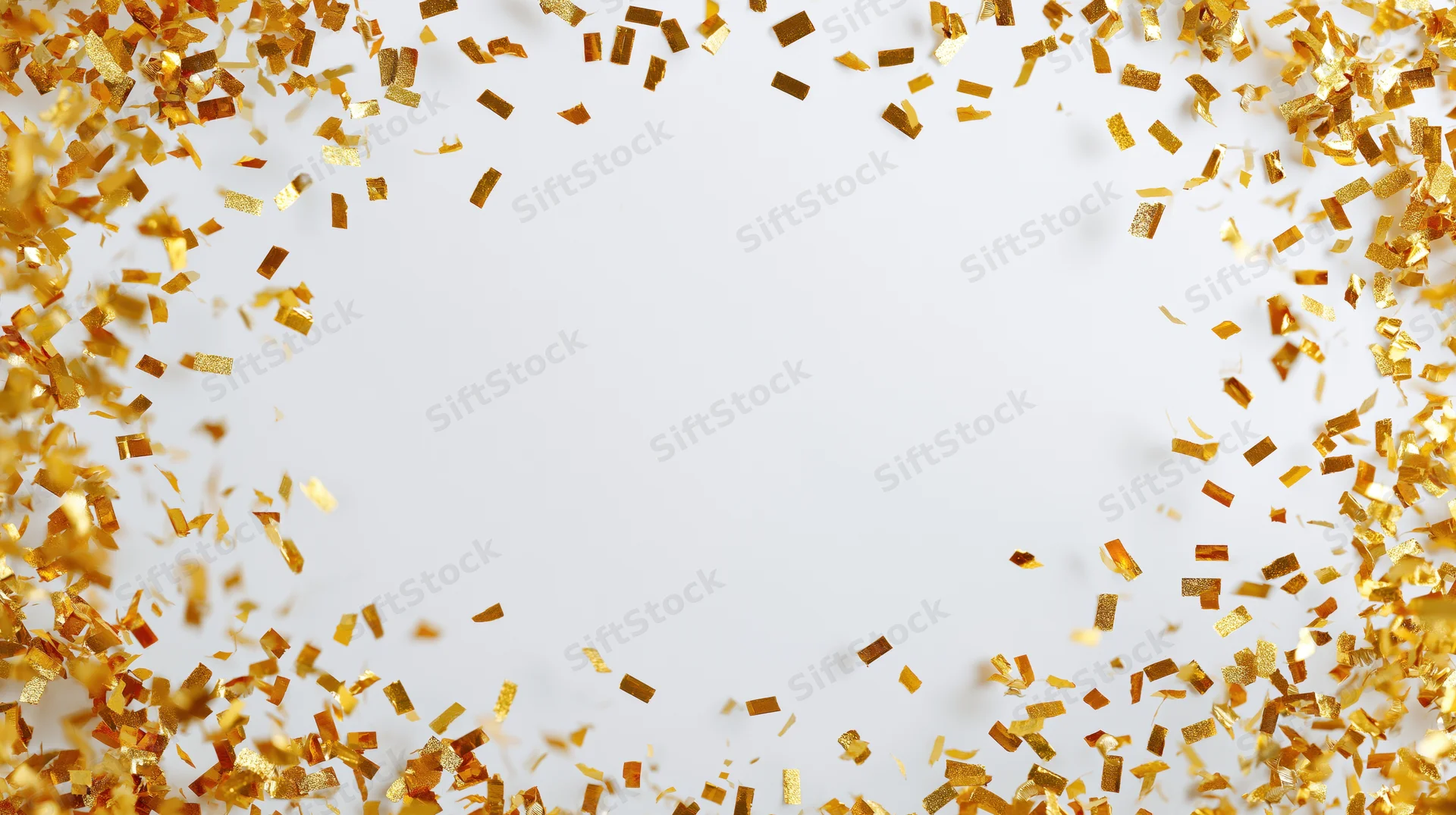 Gold metallic confetti scattered along the edges of a white background with copyspace in the center