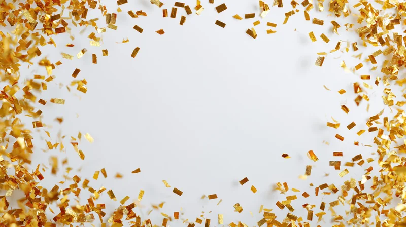 Gold metallic confetti scattered along the edges of a white background with copyspace in the center