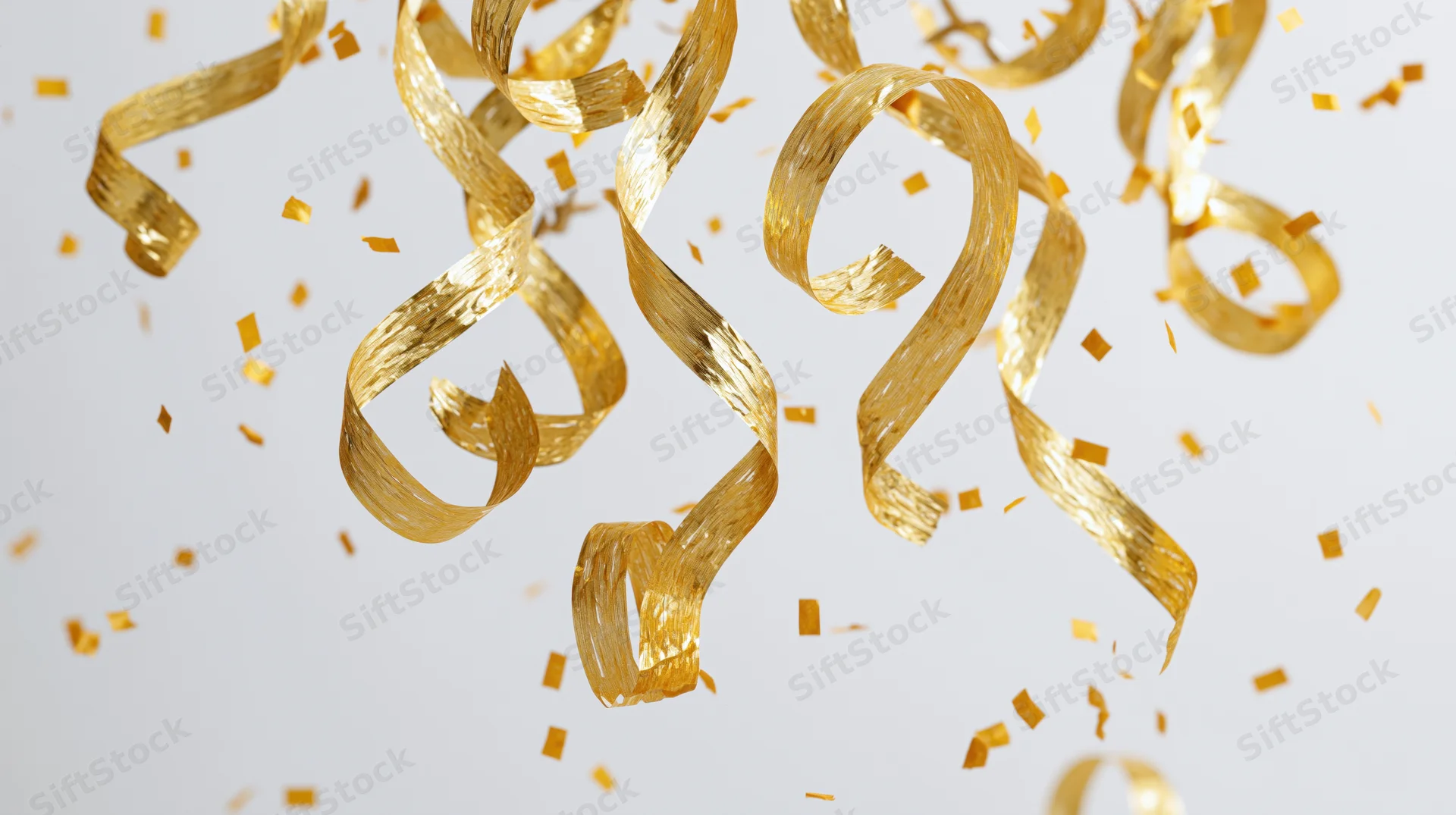 Golden metallic streamers and confetti pieces falling in mid-air against a light background