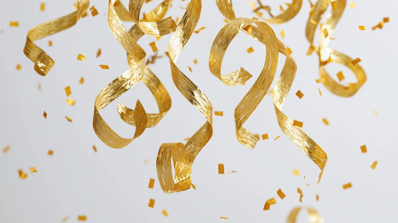 Golden metallic streamers and confetti pieces falling in mid-air against a light background