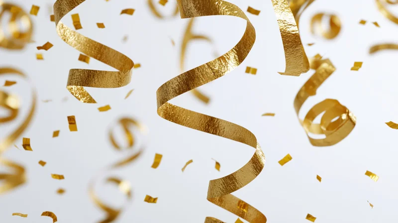 Golden metallic streamers and confetti pieces falling and twisting in midair against a white background