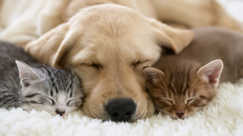 Golden retriever puppy sleeping with two tabby kittens on a white fluffy rug