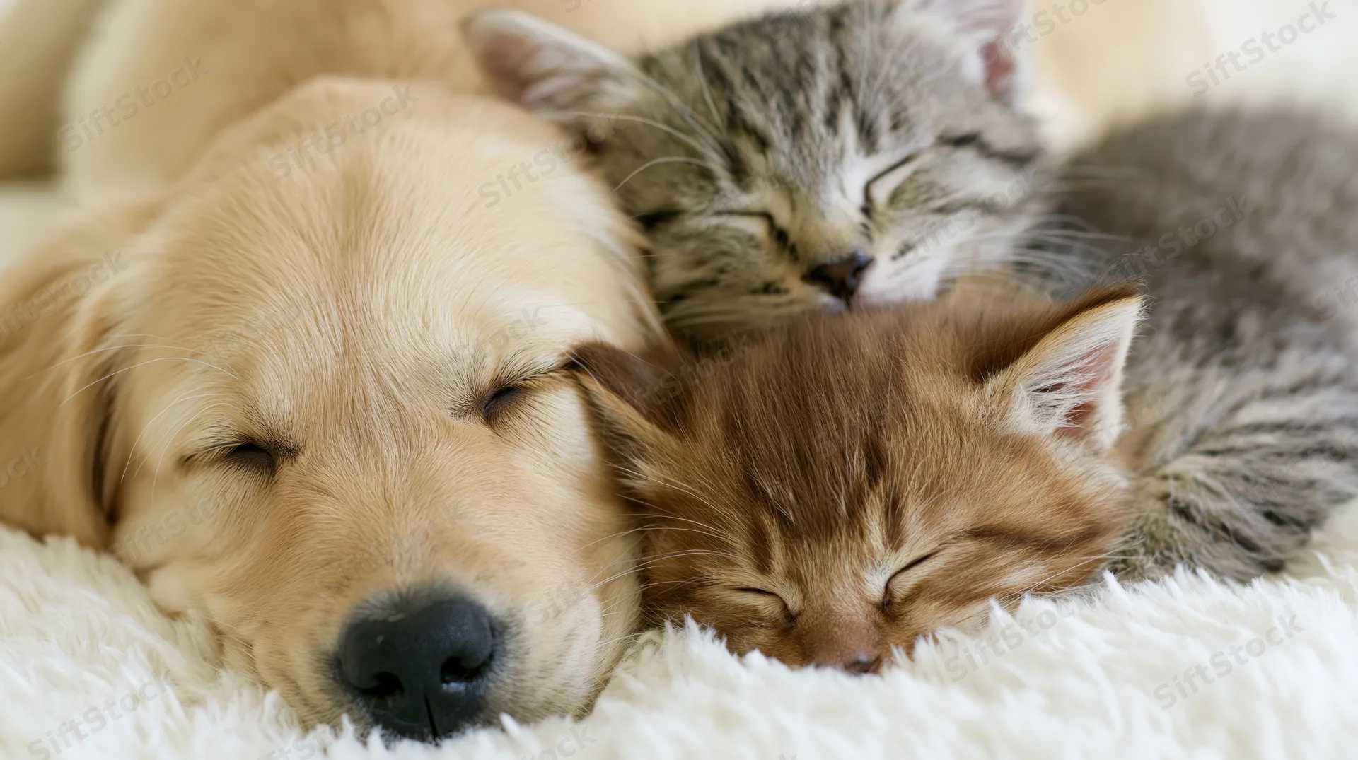 Golden labrador puppy and two tabby kittens sleeping together on a white fluffy blanket