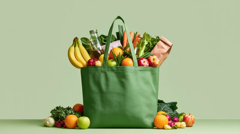 Green canvas tote bag overflowing with fresh fruits and vegetables on a plain green surface