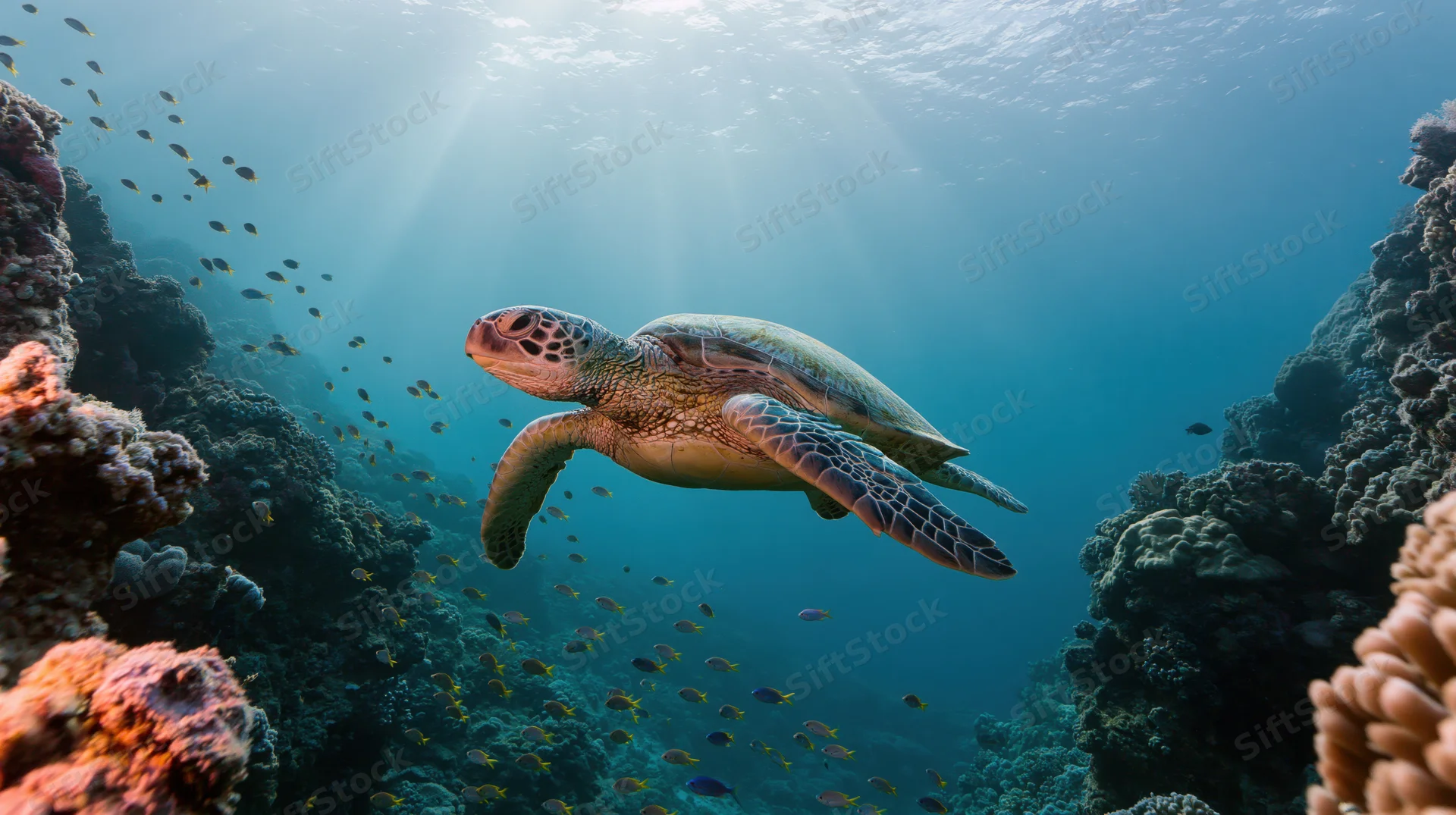Green sea turtle swimming through coral reef with schools of fish in sunlit ocean water