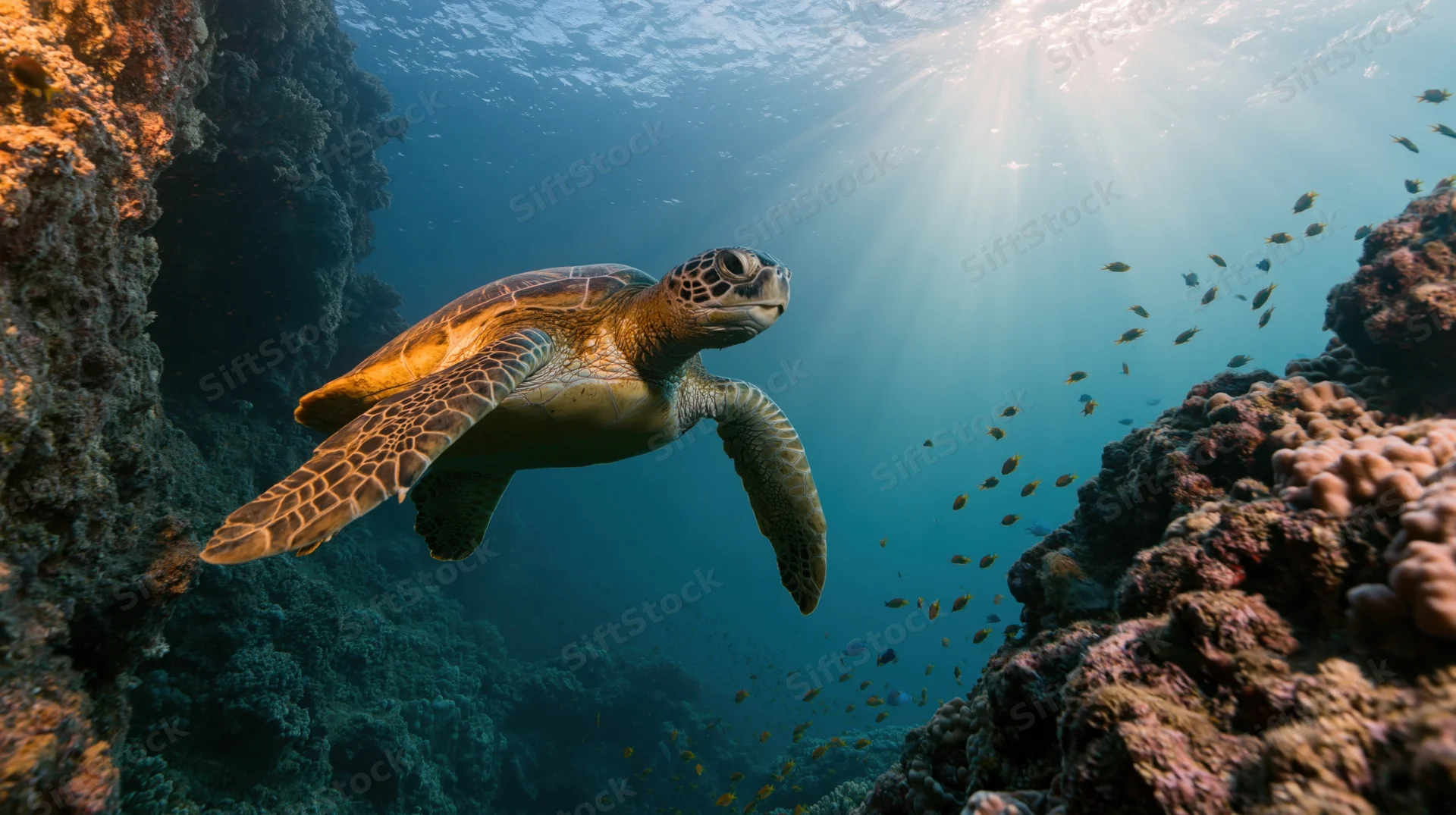 Green sea turtle swimming through coral reef with sunlight rays filtering through water