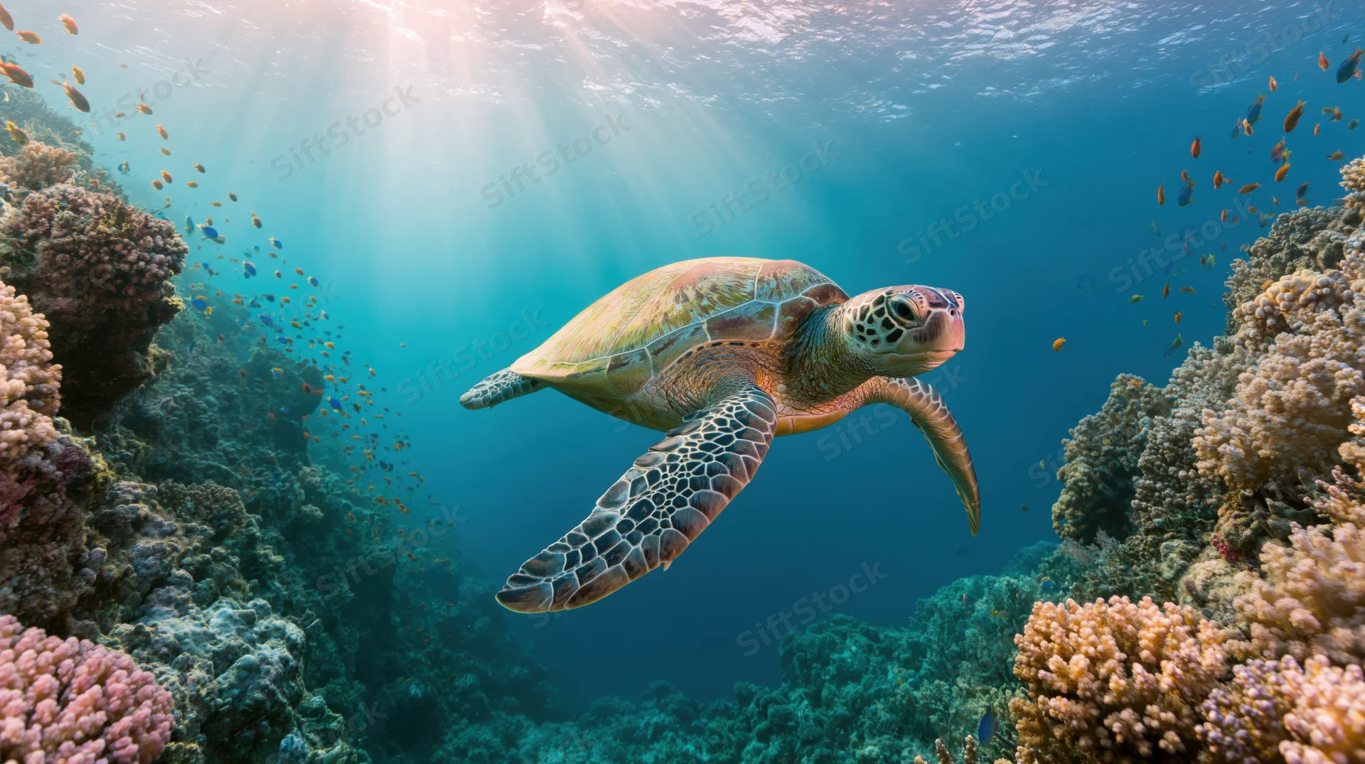 Green sea turtle swimming through a coral reef with sunlight filtering through the water