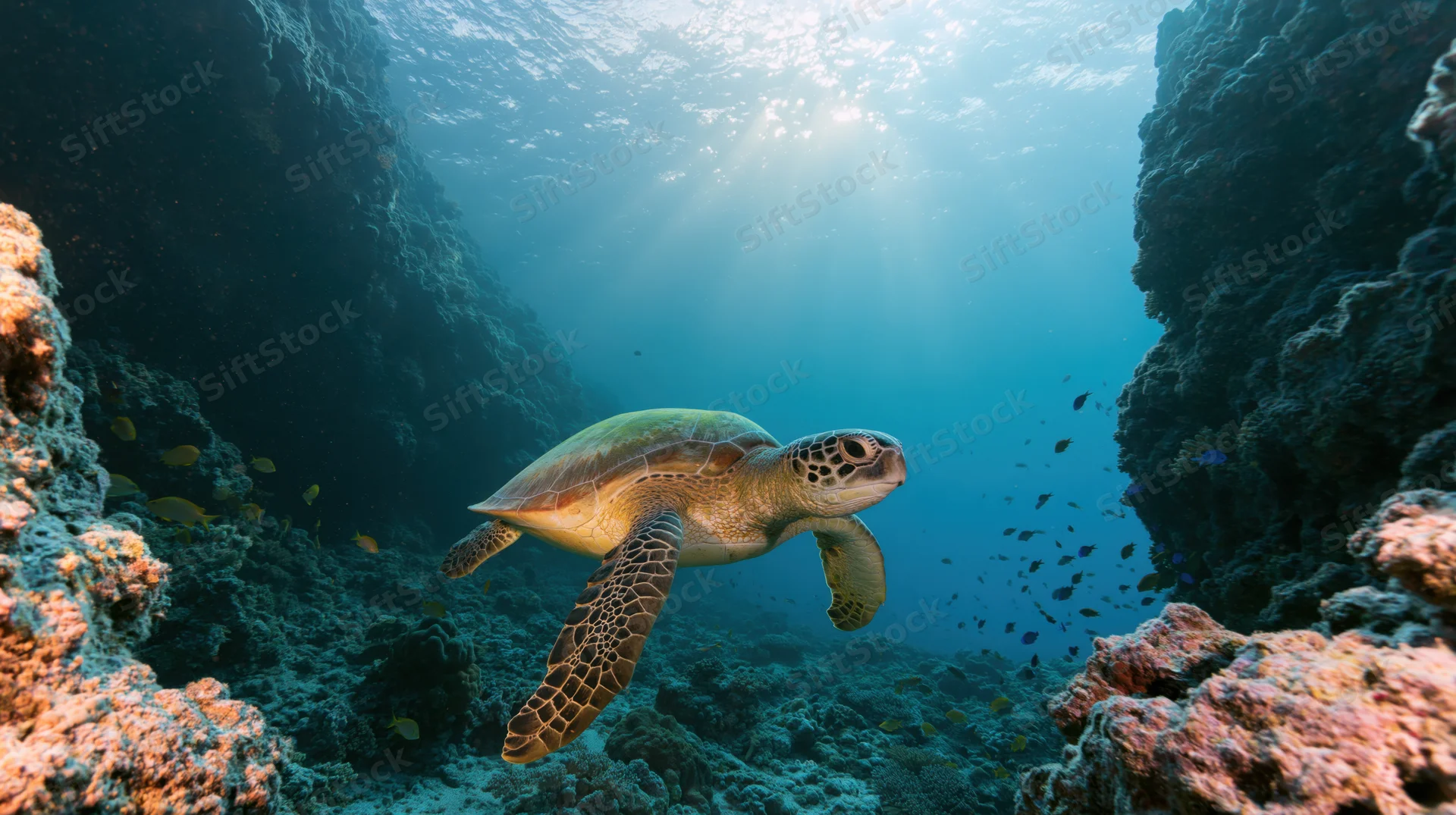 Green sea turtle swimming through coral reef with sunlight streaming through water